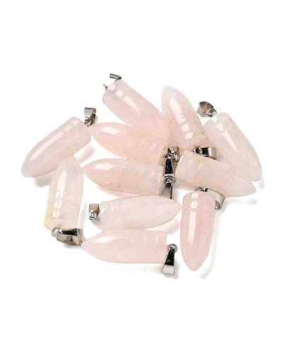 Cuarzo Rosa. Forma bala. Engarce de aleación. Color plateado. 29,5x10 mm. 4x7 mm cierre. 1 ud.