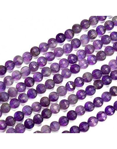 Amatista. Moneda faceteada. 6x4 milímetros. 1 mm perforación. 55 uds hilo aprox. 1 hilo.