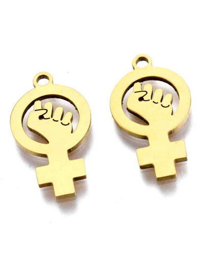 Feminismo. Acero inoxidable. Color dorado. 18x10x1 mm. 1,4 mm perforación. 1 unidad.