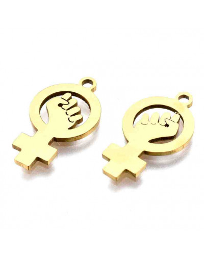 Feminismo. Acero inoxidable. Color dorado. 18x10x1 mm. 1,4 mm perforación. 1 unidad.