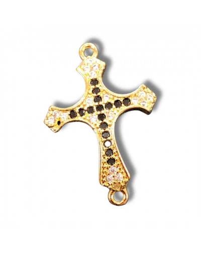 Religión: Cruz. Aleación+Zirconia. Baño 18KGold. 27x18x4 mm. 1,2 mm perforación. 1 unidad.