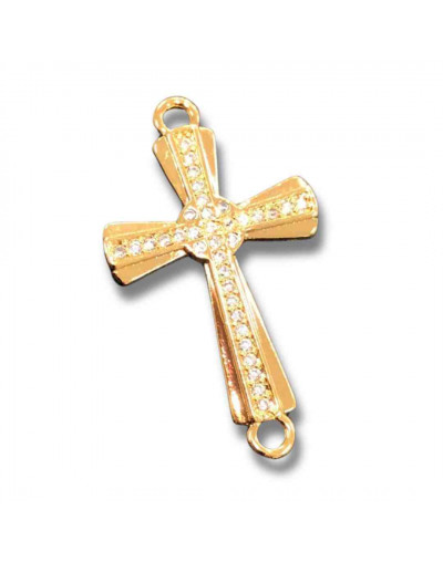 Religión: Cruz. Aleación+Zirconia. Baño 18KGold. 28x16x4 mm. 1,2 mm perforación. 1 unidad.