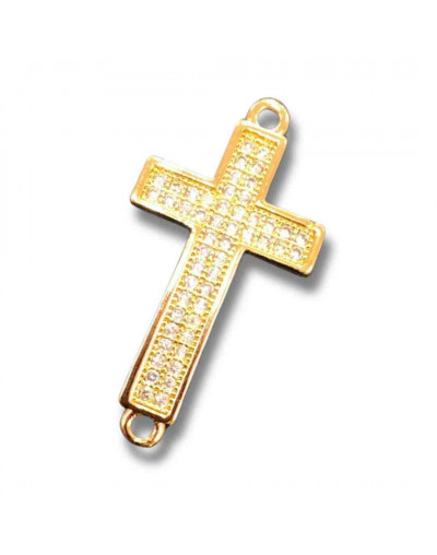 Religión: Cruz. Aleación+Zirconia. Baño 18KGold. 26x13x4 mm. 1,2 mm perforación. 1 unidad.