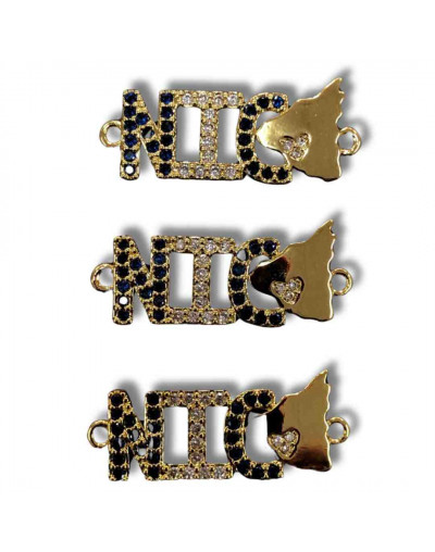 NIC+Mapa. Aleación+Zirconia. Baño 18KGold. 30x12x4 mm. 1,2 mm perforación. 1 unidad.