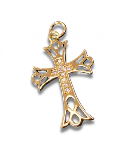 Religión: Cruz. Aleación+Zirconia. Baño 18kGold. 25x18x4 milímetros. 5 mm arandela. 1 unidad.