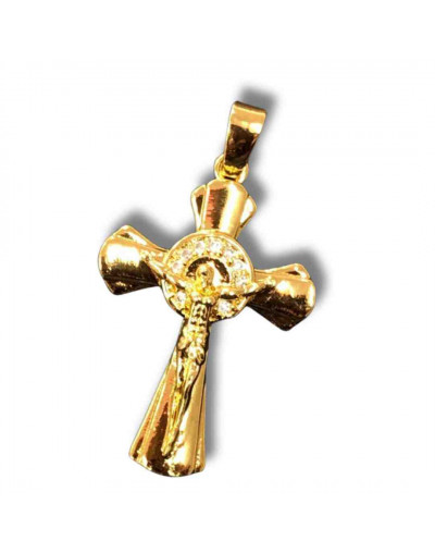 Religión: Cruz. Aleación+Zirconia. Baño 18kGold. 30x21x4 milímetros. 7x5 mm cierre. 1 unidad.