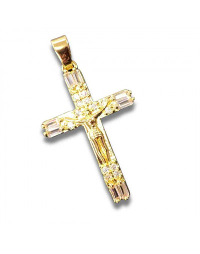 Religión: Cruz. Aleación+Zirconia. Baño 18kGold. 30x20x4 milímetros. 7x5 mm cierre. 1 unidad.