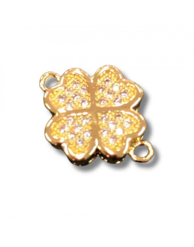 Trébol. Aleación+Zirconia. Baño 18KGold. 18x12x4 mm. 1,2 mm perforación. 1 unidad.