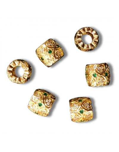 Barril. Aleación+Zirconia. Baño 18k gold. 9x10 milímetros. 4 mm perforación. 1 unidad.