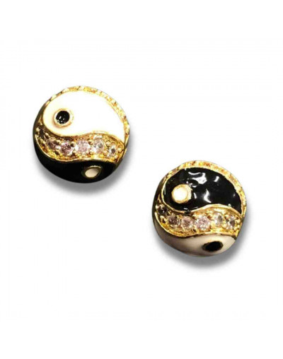 Yin-Yang. Aleación+Zirconia. Baño 18k gold. 10 mm diámetro. 2 mm perforación. 1 unidad.