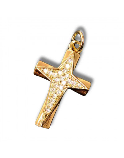 Religión: Cruz. Aleación+Zirconia. Baño 18kGold. 30x20x4 milímetros. 7x5 mm cierre. 1 unidad.