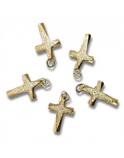 Religión: Cruz. Aleación+Zirconia. Baño 18kGold. 30x20x4 milímetros. 7x5 mm cierre. 1 unidad.