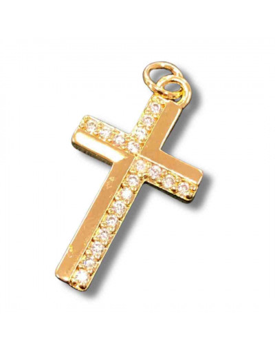 Religión: Cruz. Aleación+Zirconia. Baño 18kGold. 25x15x4 milímetros. 5 mm arandela. 1 unidad.