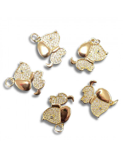 Perro. Aleación+Zirconia. Baño 18kGold. 20x18x4 milímetros. 5 mm arandela. 1 unidad.