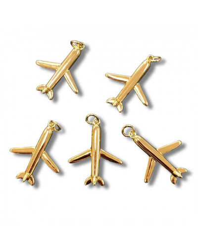 Avión. Aleación de cobre. Baño 18kGold. 25x20x4 milímetros. 5 mm arandela. 1 unidad.