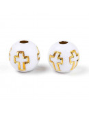 Religión: Cruz dorada. Esfera blanca. 8 mm diámetro. 2 mm perforación. 50 uds aproximado.