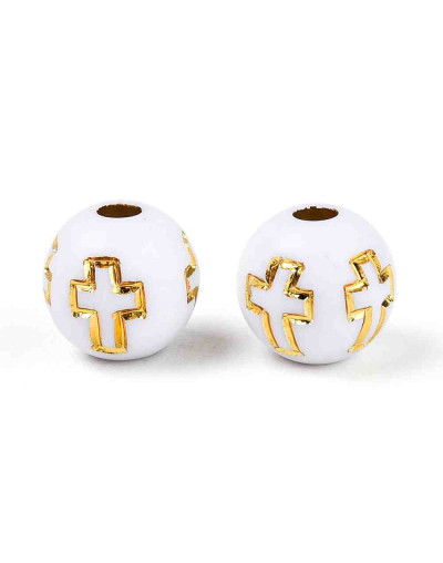 Religión: Cruz dorada. Esfera blanca. 8 mm diámetro. 2 mm perforación. 50 uds aproximado. Religión: Cruz dorada. Esfera blanca. 8 mm diámetro. 2 mm perforación. 50 uds aproximado.