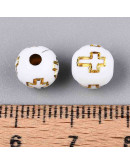 Religión: Cruz dorada. Esfera blanca. 8 mm diámetro. 2 mm perforación. 50 uds aproximado.
