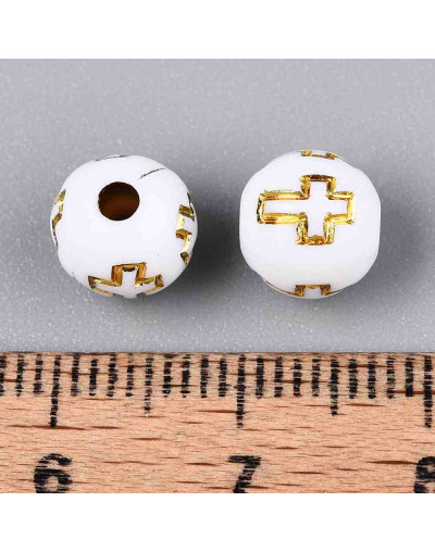 Religión: Cruz dorada. Esfera blanca. 8 mm diámetro. 2 mm perforación. 50 uds aproximado. Religión: Cruz dorada. Esfera blanca. 8 mm diámetro. 2 mm perforación. 50 uds aproximado.