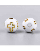 Religión: Cruz dorada. Esfera blanca. 8 mm diámetro. 2 mm perforación. 50 uds aproximado.