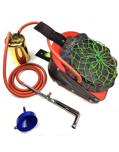 Soldador de fuelle. Incluye: soplete,  fuelle, manguera, embudo, depósito combustible bronce. 1 set.