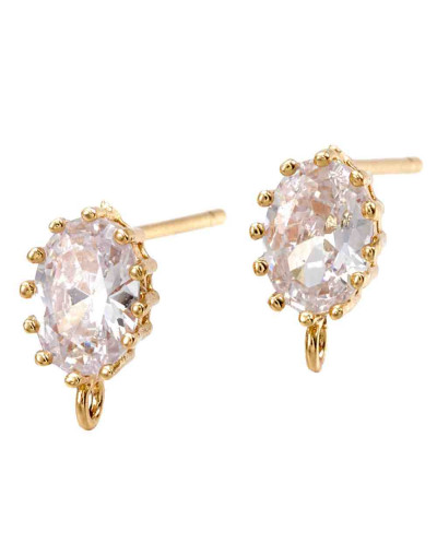 Pin aretes. Aleación de cobre. 18KGold+Zirconia. 10x6 mm. 1,2 mm perforación. Cierre silicón. 2 ud.