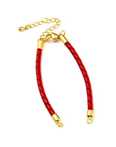 Cordón pulsera. Cuero ROJO. Baño 18KGold. 3~4 mm GROSOR. 152 mm largo. 45 mm extensión. 1 ud.
