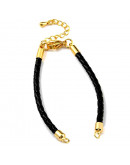 Cordón pulsera. Cuero NEGRO. Baño 18KGold. 3~4 mm GROSOR. 152 mm largo. 45 mm extensión. 1 ud.