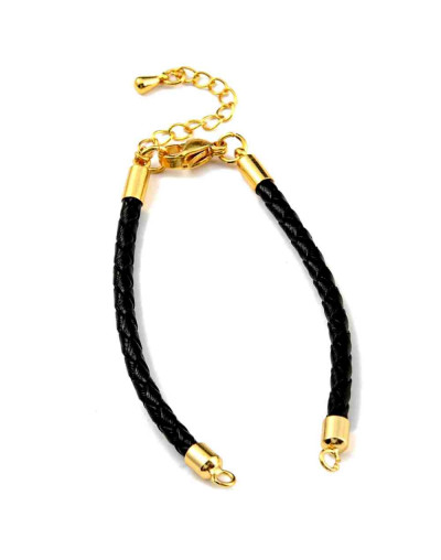Cordón pulsera. Cuero NEGRO. Baño 18KGold. 3~4 mm GROSOR. 152 mm largo. 45 mm extensión. 1 ud.