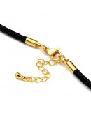 Cordón pulsera. Cuero NEGRO. Baño 18KGold. 3~4 mm GROSOR. 152 mm largo. 45 mm extensión. 1 ud.