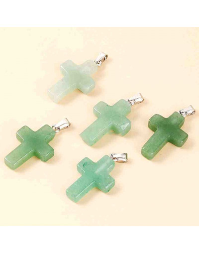 Aventurina Verde. Religión: Cruz. Color plateado. 25x18x4 mm. 1 unidad.