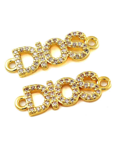 Religión: Dios. Aleación+Zirconia. Baño 18KGold. 7x21x2 mm. 1,4 mm perforación. 1 ud.