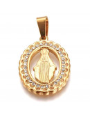 Religión: Virgen María. Acero inoxidable. Color dorado. 25x17x2 mm. 7x4 mm cierre. 1 ud.