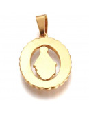 Religión: Virgen María. Acero inoxidable. Color dorado. 25x17x2 mm. 7x4 mm cierre. 1 ud.