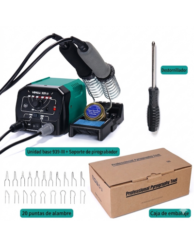 Pirógrafo YIHUA939. 2 lapiceros. Control temperatura. 110V. Incluye juego puntas y soportes. 1 set.