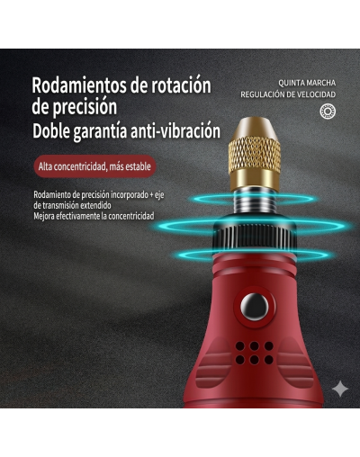 Taladro eléctrico mini. 3 Velocidades. Batería litio. Carga USB Tipo C. Incluye accesorios. 1 set.