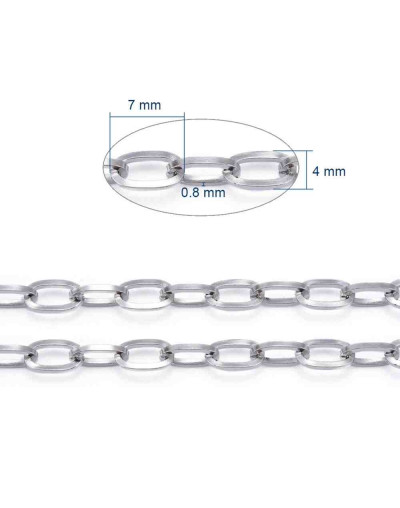 Acero inoxidable. Color plateado. Link ovalado. 7x4x0.8 mm.  1 metro.