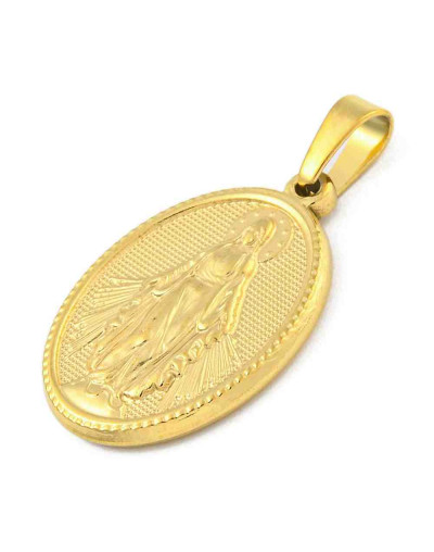 Religión: Virgen María. Acero inoxidable. Color dorado. 24x16x2~2.5 mm. 3x5 mm cierre. 1 ud.