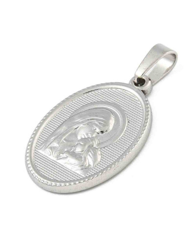 Religión: Virgen María. Acero inoxidable. Color plateado. 24x16x2~2.5 mm. 3x5 mm cierre. 1 ud.