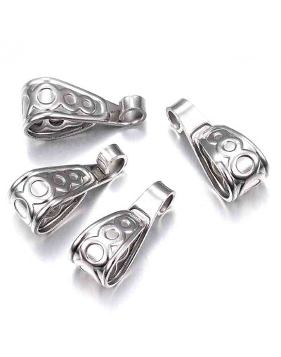 Cierre para dijes. Acero inoxidable. Color plateado. 15x6x6 mm largo. Agujeros 2x3 y 5x8 mm. 4 uds.