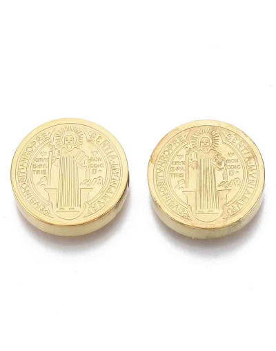 Religión: San Benito. Acero inoxidable. Color dorado. 14.5x3 milímetros. 2 mm perforación. 1 ud.