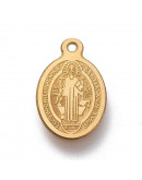 Religión: San Benito. Acero inoxidable. Color dorado. 14.5x9x0.5 mm. 1.2 mm agujero. 1 ud.