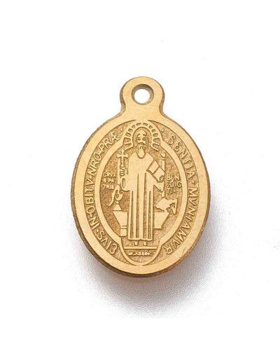 Religión: San Benito. Acero inoxidable. Color dorado. 14.5x9x0.5 mm. 1.2 mm agujero. 1 ud.