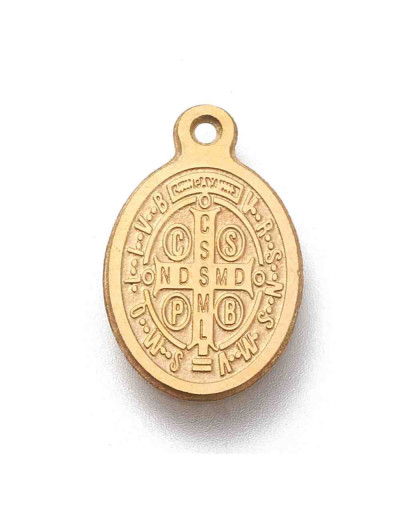 Religión: San Benito. Acero inoxidable. Color dorado. 14.5x9x0.5 mm. 1.2 mm agujero. 1 ud.