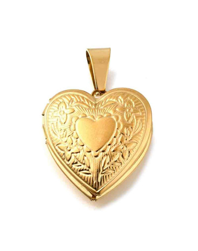 Corazón. Portafotos. Acero Inoxidable. Baño 18KGold. 25x22.5x6 mm. 7.5x3 mm cierre. 1 ud.