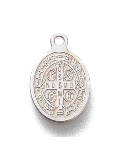 Religión: San Benito. Acero inoxidable. Color plateado. 14.5x9x0.5 mm. 1.2 mm agujero. 1 ud.