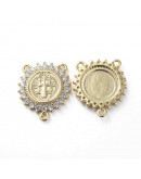 Religión: Centro rosario. Aleación+Zirconia. Baño 18KGold. 18.5x16x2.5 mm. 1,2 mm perforación. 1 ud.