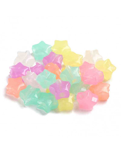 Estrella varios colores. Fluorescente. 12,5x12,5x7 milímetros. 4 mm perforación. 50 uds (aprox)