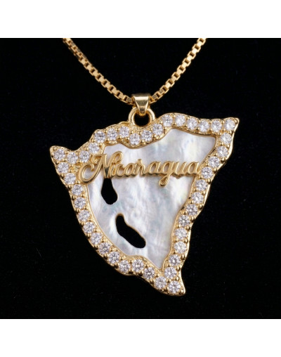 Mapa Nicaragua. Aleación+Zirconia+Shell. Baño 18k Gold. 22x20x2,5 mm. 2x3 mm cierre. 1 unidad.