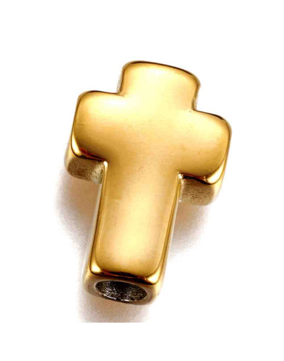 Religión: Cruz (3). Acero inoxidable. Color dorado. 14x10x4 mm. 2,5 mm perforación vertical. 1 ud.